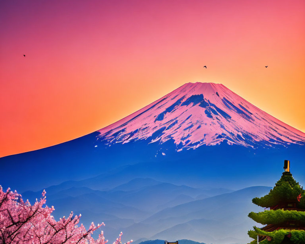 Scenic sunset view of Mount Fuji with cherry blossoms, pagoda silhouettes, and flying