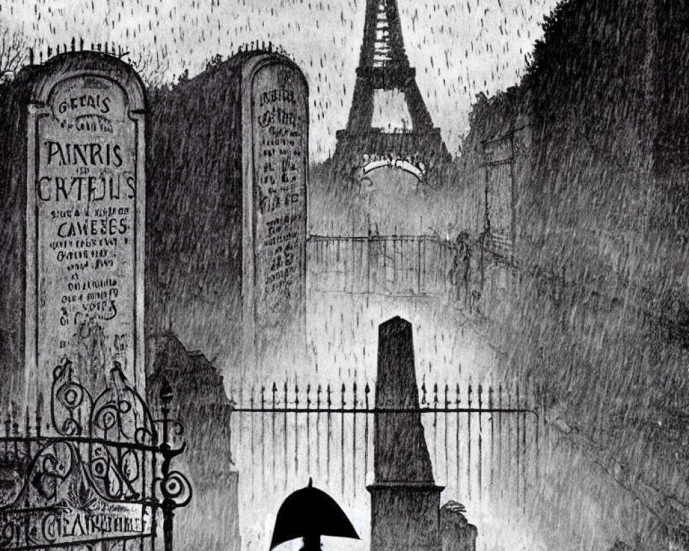 Monochrome rainy Parisian cemetery scene with Eiffel Tower silhouette