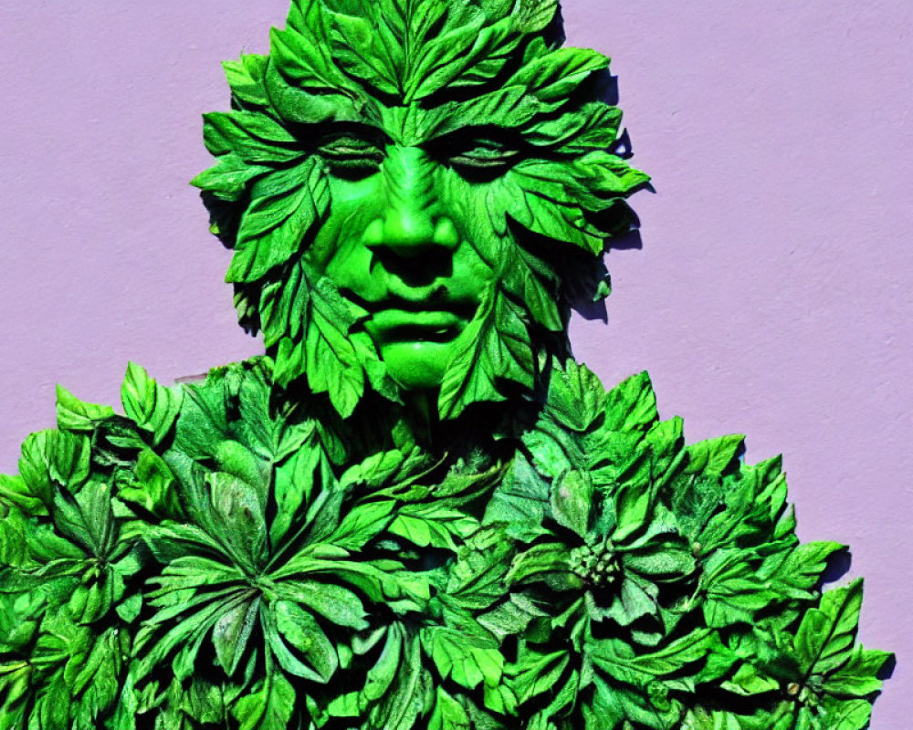 Intricate Leaf-Patterned Green Sculpture on Purple Background