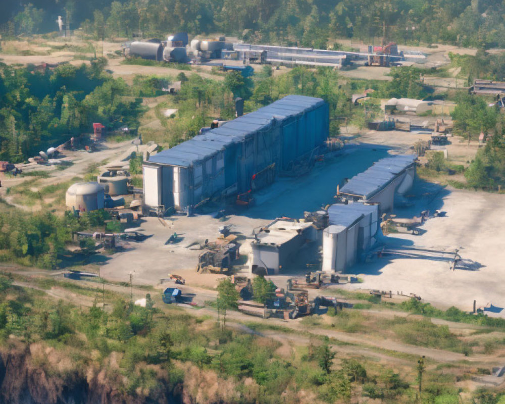 Industrial facility with warehouses, storage tanks, and vehicles surrounded by greenery