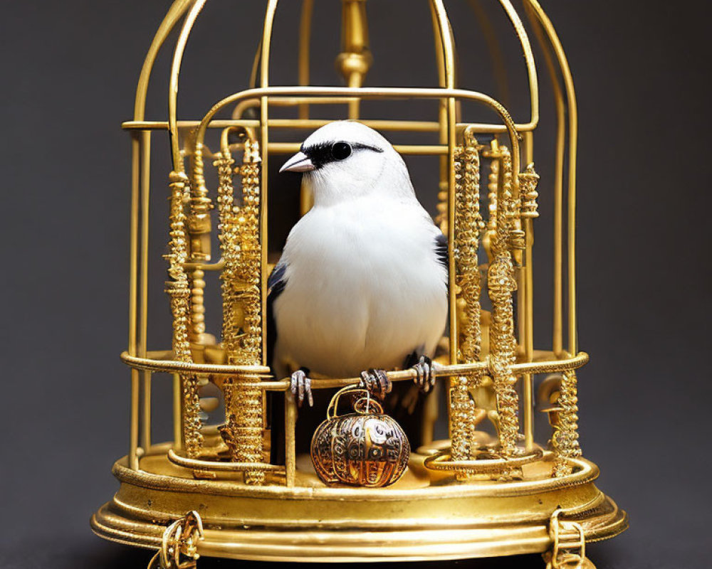 White Bird with Black Markings in Ornate Golden Birdcage on Dark Background