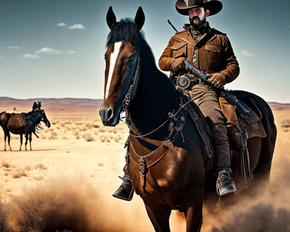 Cowboy in leather outfit rides dark horse in dusty desert.