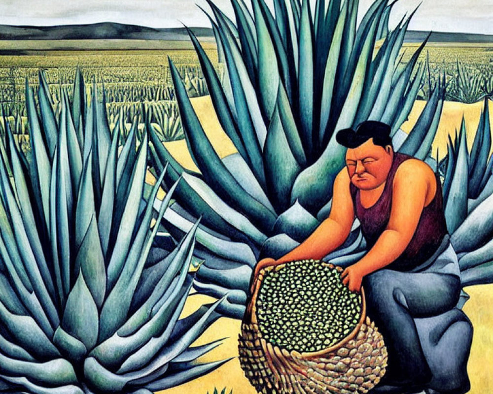 Worker harvesting blue agave plants under vast sky