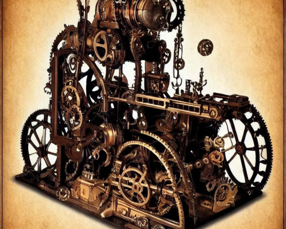 Steampunk mechanical contraption with gears and pipes in sepia tone