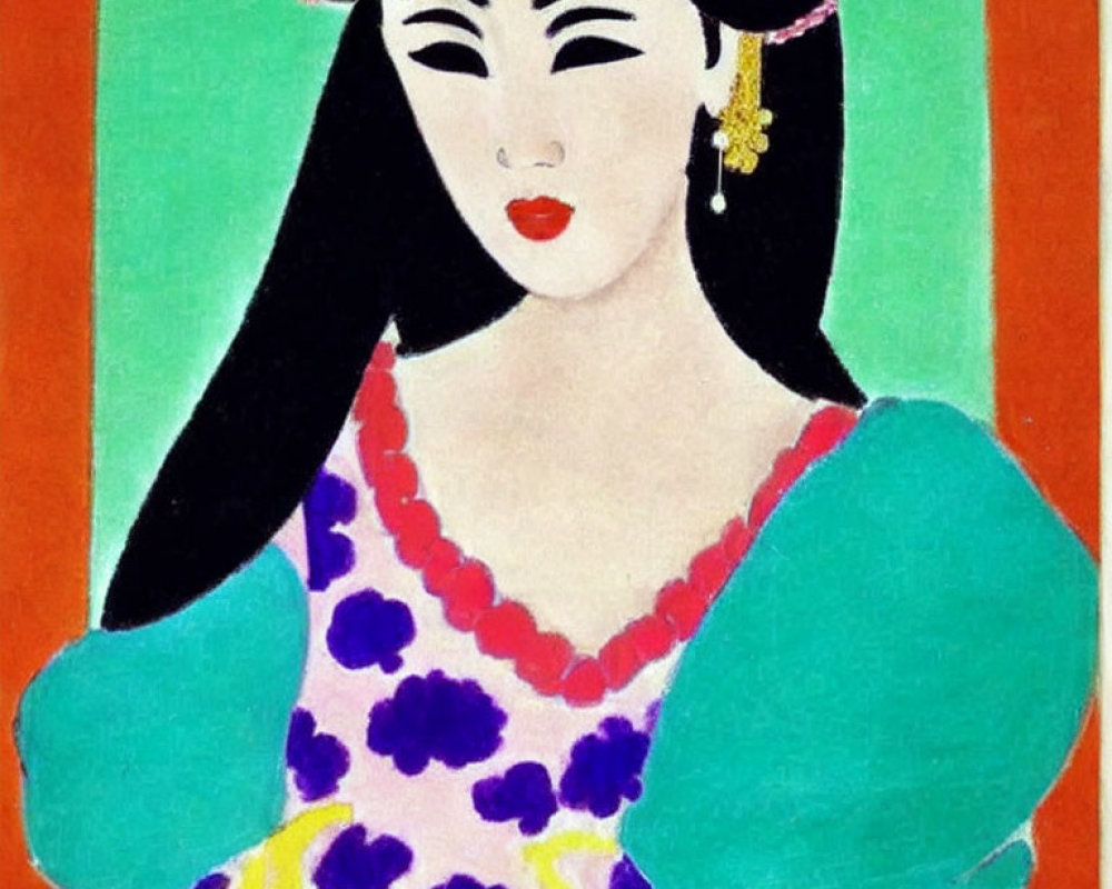 Vibrant painting of stylized woman with black hair, purple dress, and gold earrings against orange