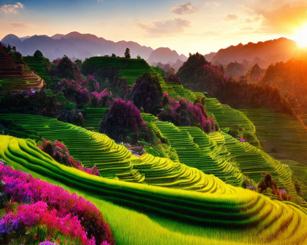 Scenic sunset over vibrant terraced fields and blooming flowers.