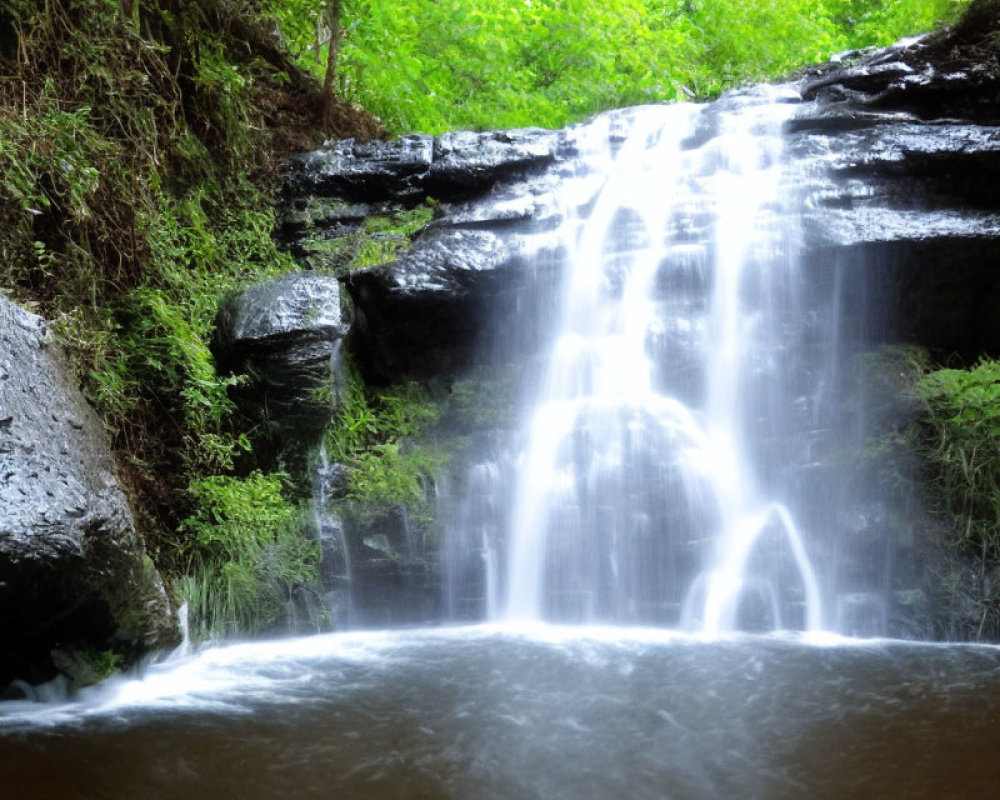 Tranquil waterfall flowing over mossy rocks in lush setting