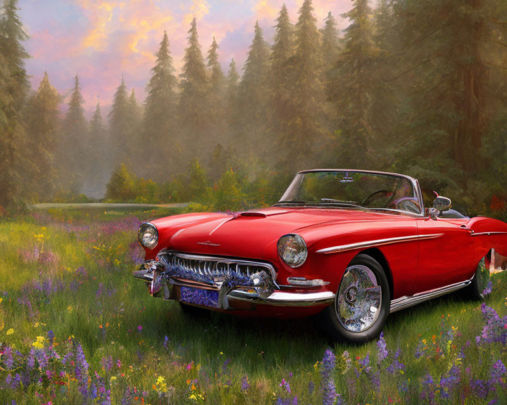 Vintage Red Car Parked Near Purple Flower Field with Forest and Sunrise Sky