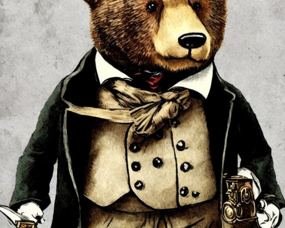 Anthropomorphic bear in Victorian attire with vintage camera