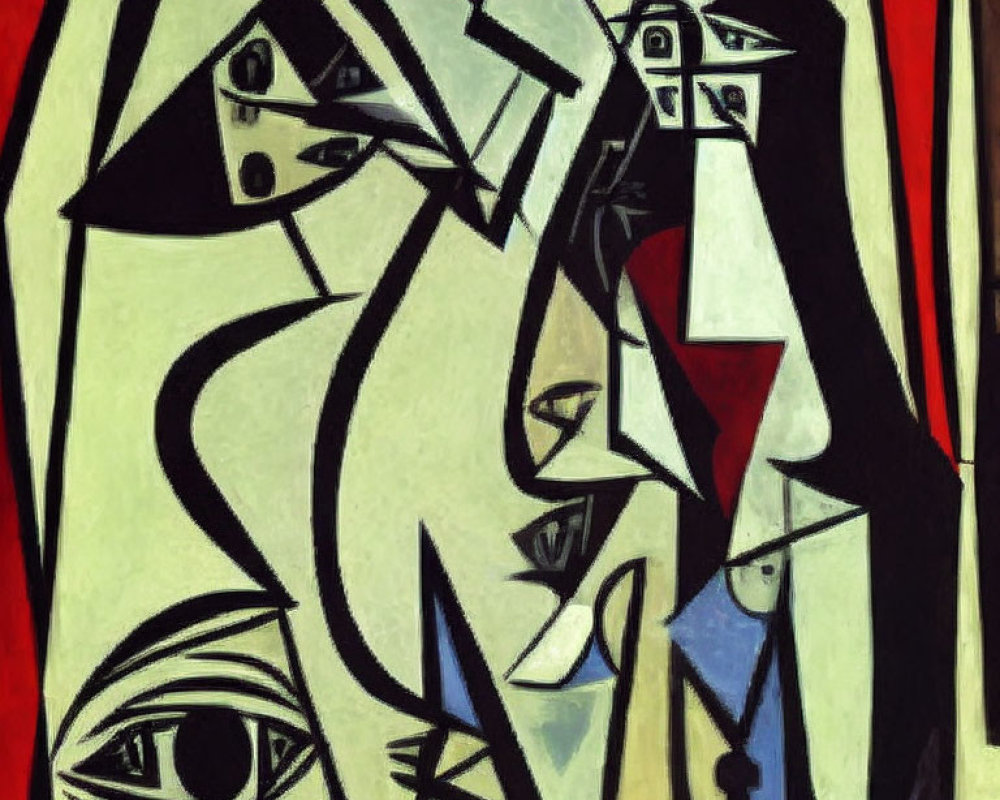 Geometric Cubist painting of fragmented human-like figures in red, white, and grey