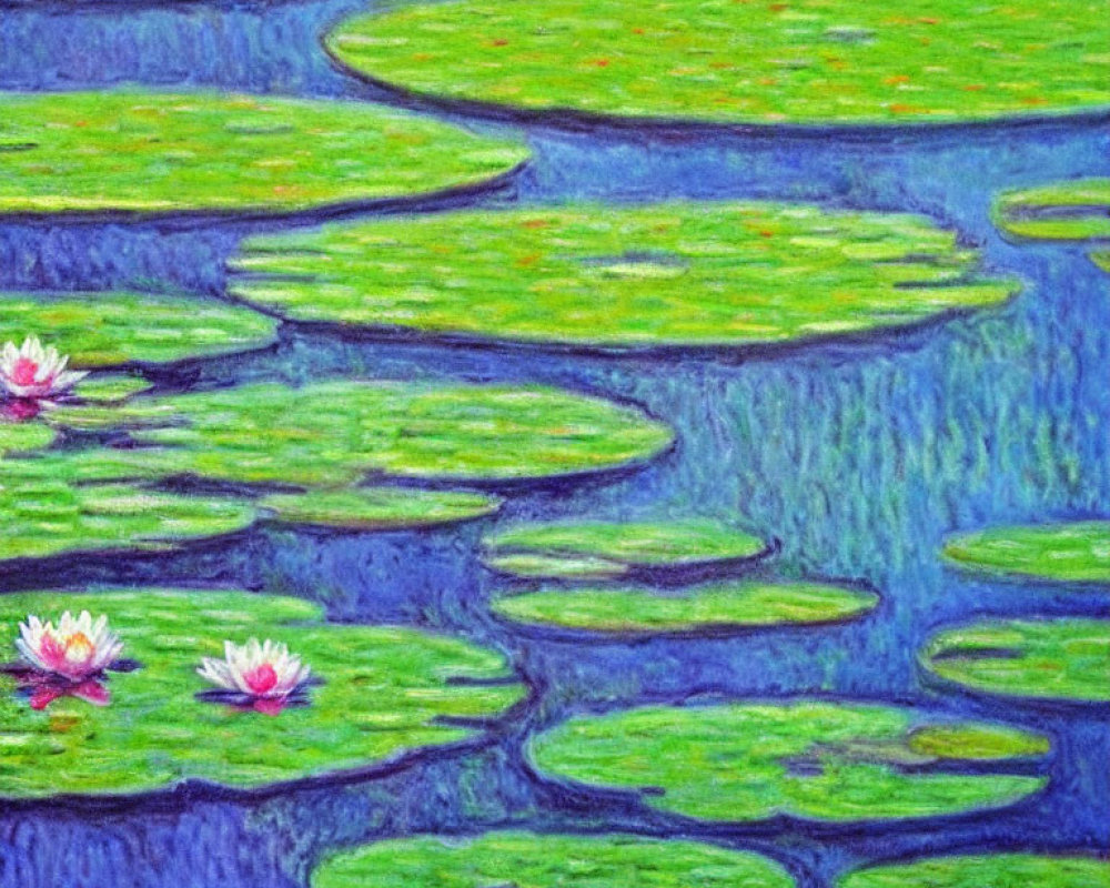 Colorful impressionist painting of pink lotus flowers and green lily pads on textured blue water