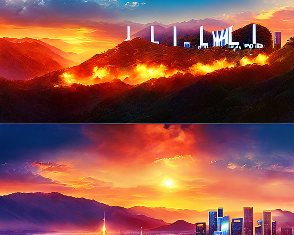 Composite image contrasting burning Hollywood sign with serene cityscape at sunset.