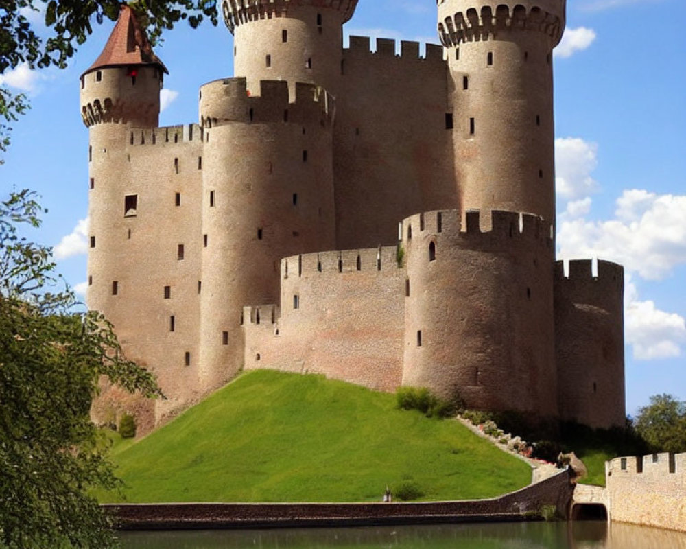 Medieval castle with cylindrical towers and red roofs in lush greenery