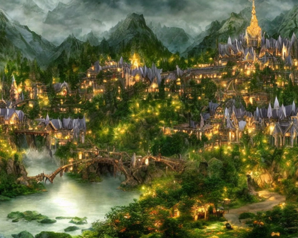 Majestic castle on hill in fantasy landscape surrounded by illuminated houses