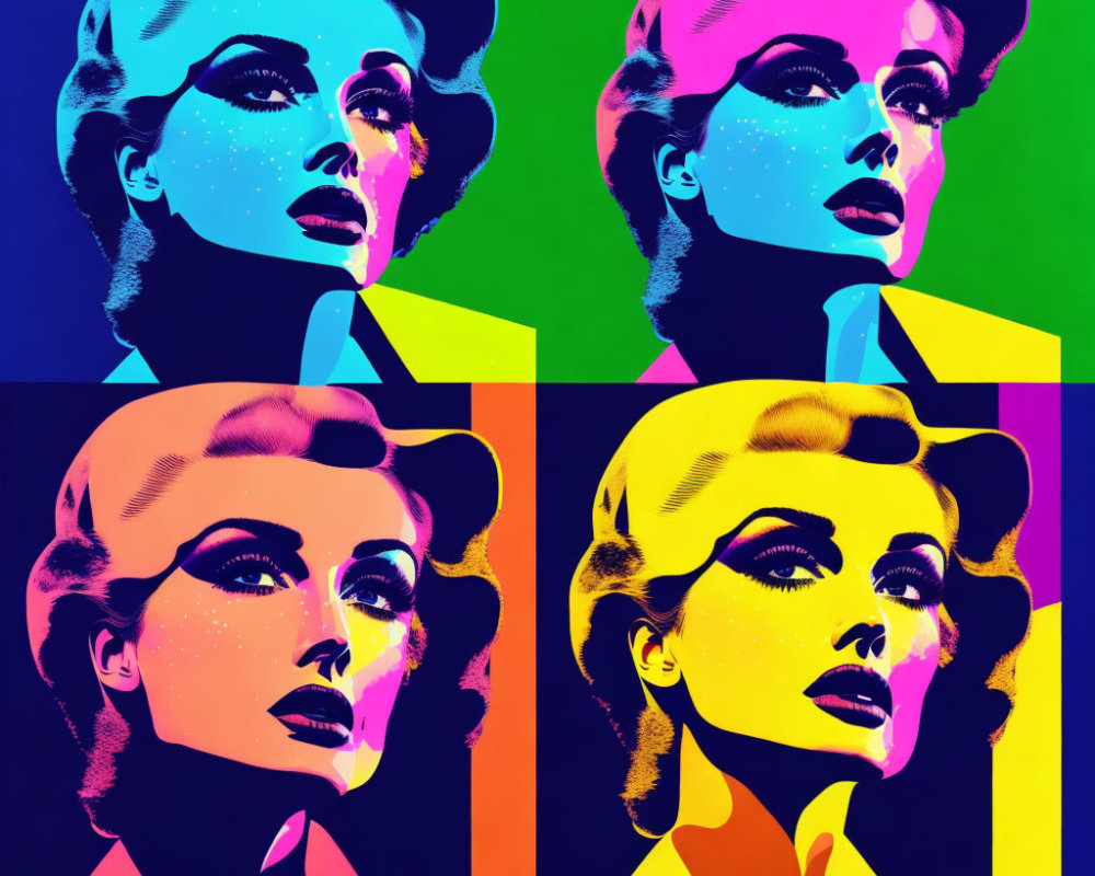 Colorful Pop Art Style Woman Portrait in Four Panels with Neon Backgrounds