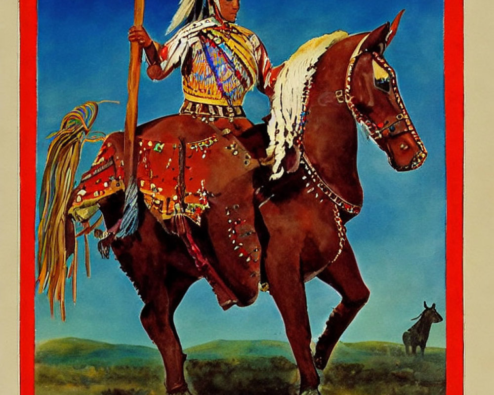 Native American on Horseback with Spear Under Blue Sky