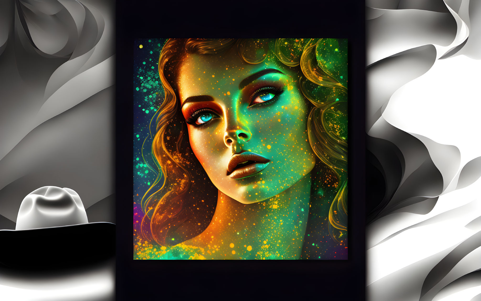 Colorful digital artwork: Woman with blue eyes and starry hair in black and white setting