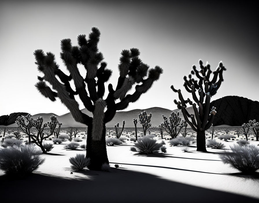 Monochrome desert landscape with Joshua trees and cacti shadows