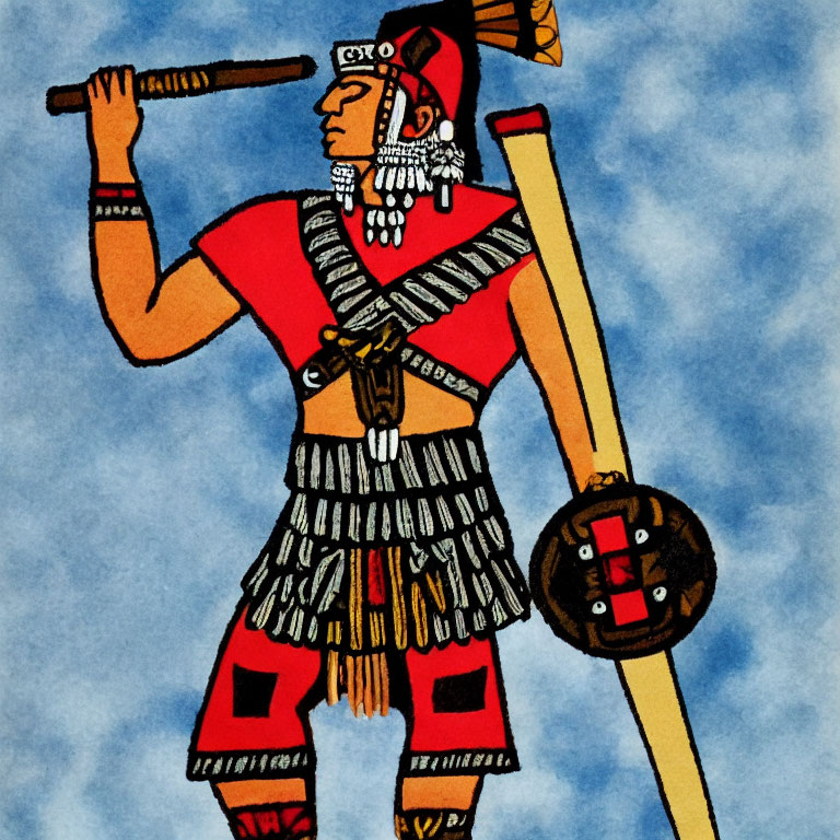 Native American warrior in traditional attire with war club and shield on blue background