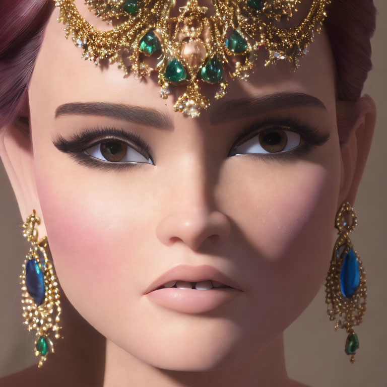 Detailed 3D-rendered female with pink hair and golden jewelry showcasing intricate earrings and headpiece with