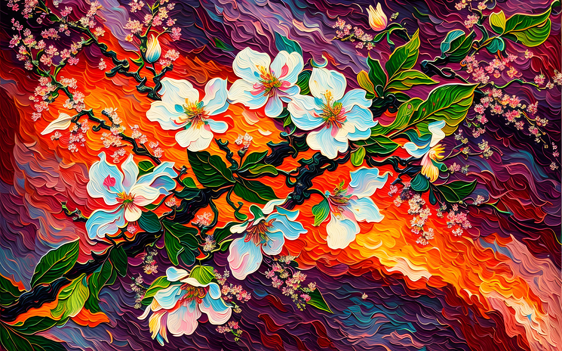 Colorful painting of white apple blossoms on abstract background