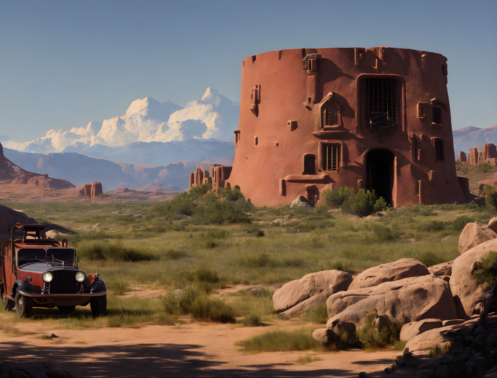 Vintage car near adobe building in desert landscape