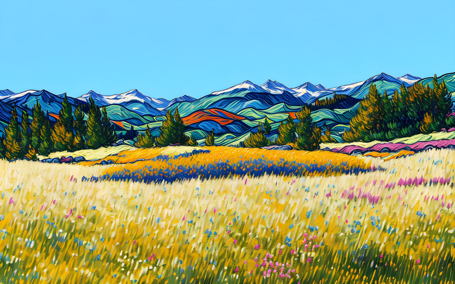 Colorful meadow painting with wildflowers and blue mountains