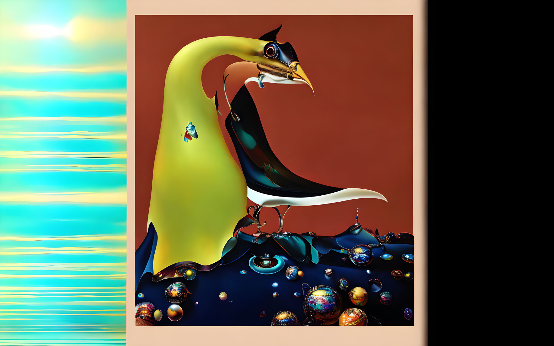 Colorful anthropomorphic bird with cape in digital art surrounded by orbs on split blue and orange background.