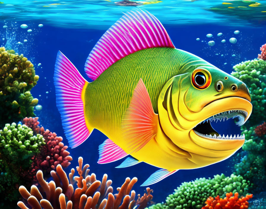 Colorful Cartoon Fish Swimming Among Coral in Blue Ocean