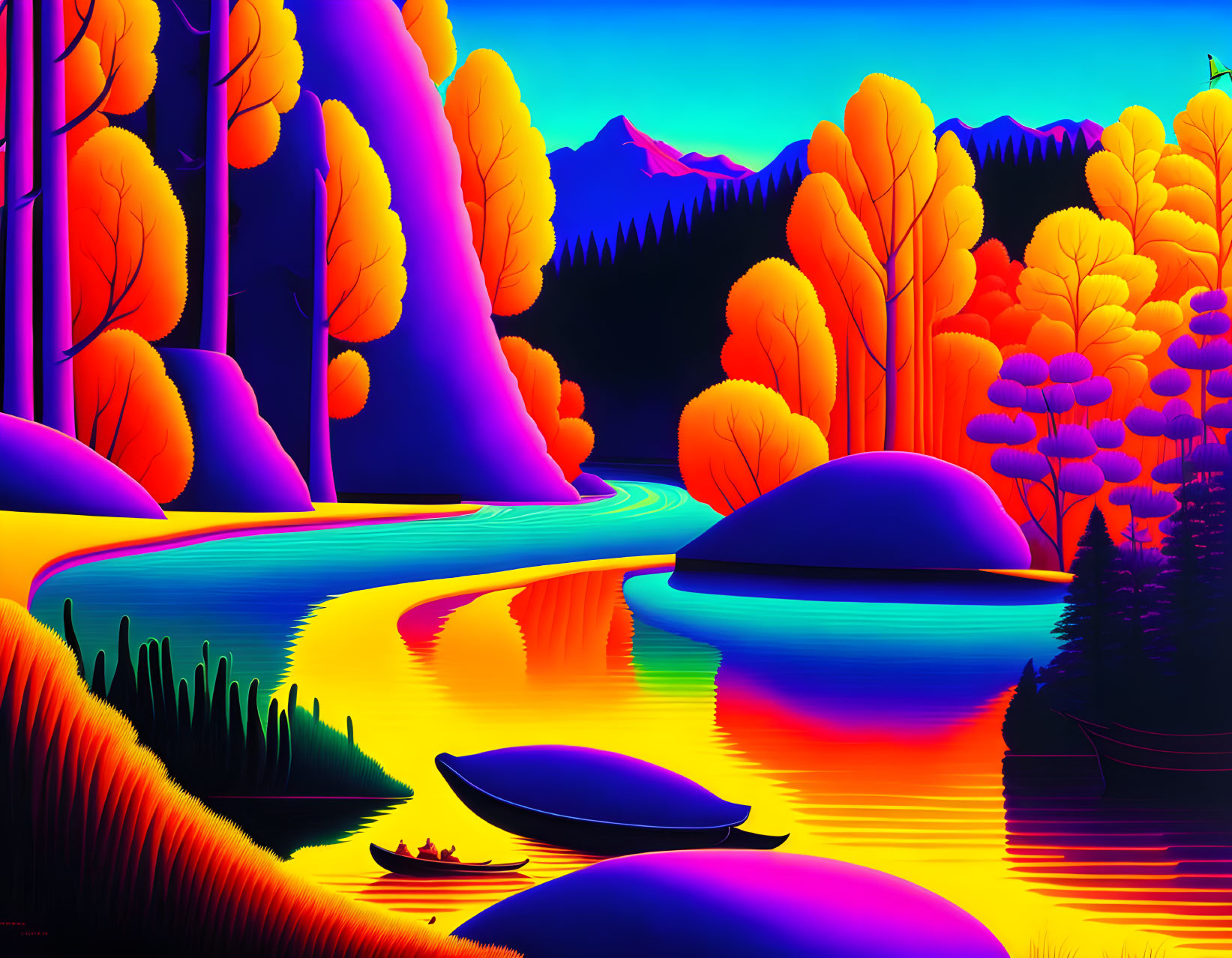 Neon-colored landscape with river, trees, and mountains