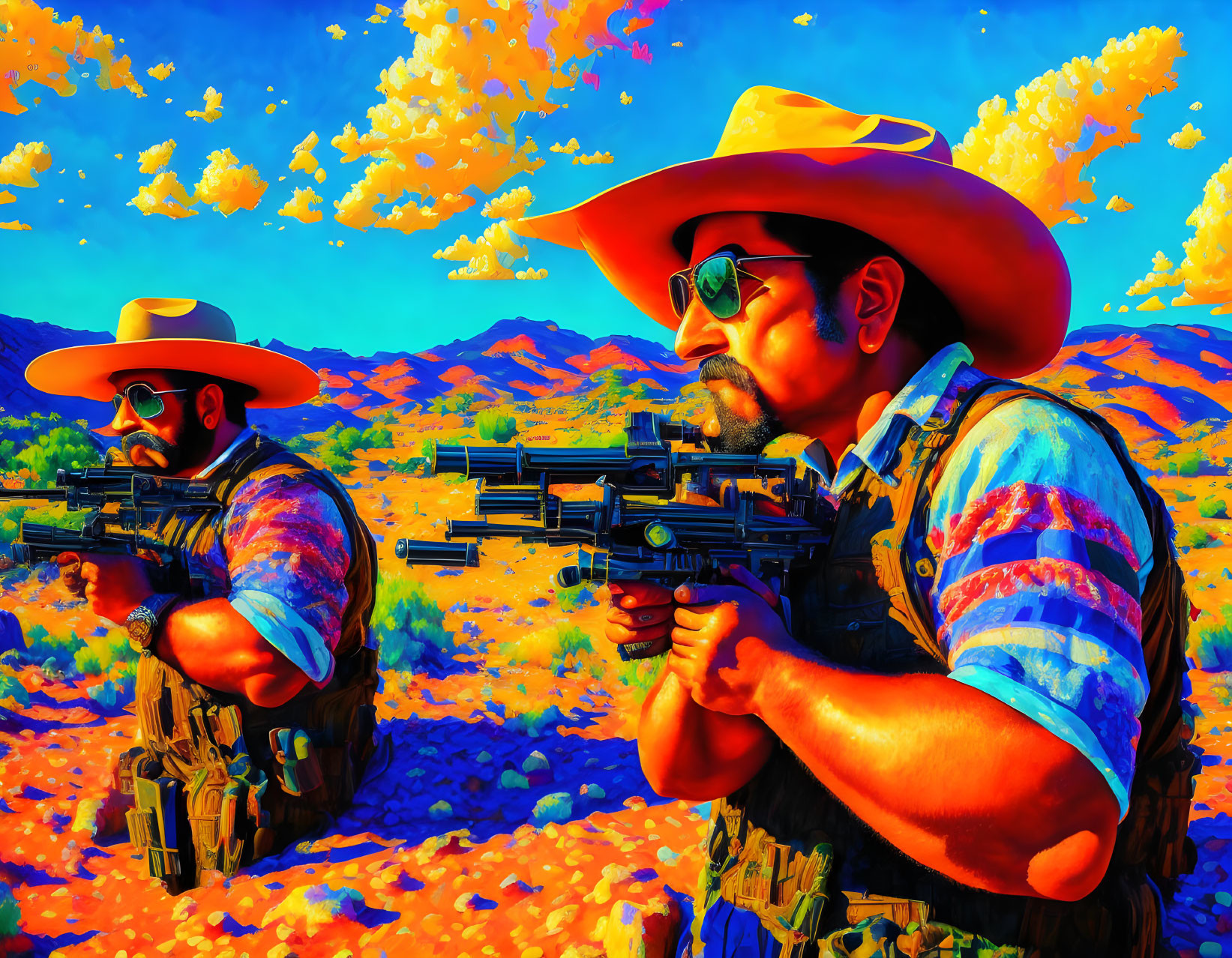 Two men in cowboy hats with rifles under vibrant sky.