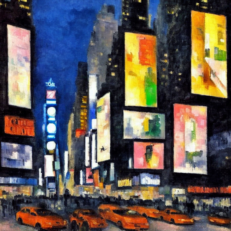 Vibrant impressionist cityscape painting with billboards and taxis