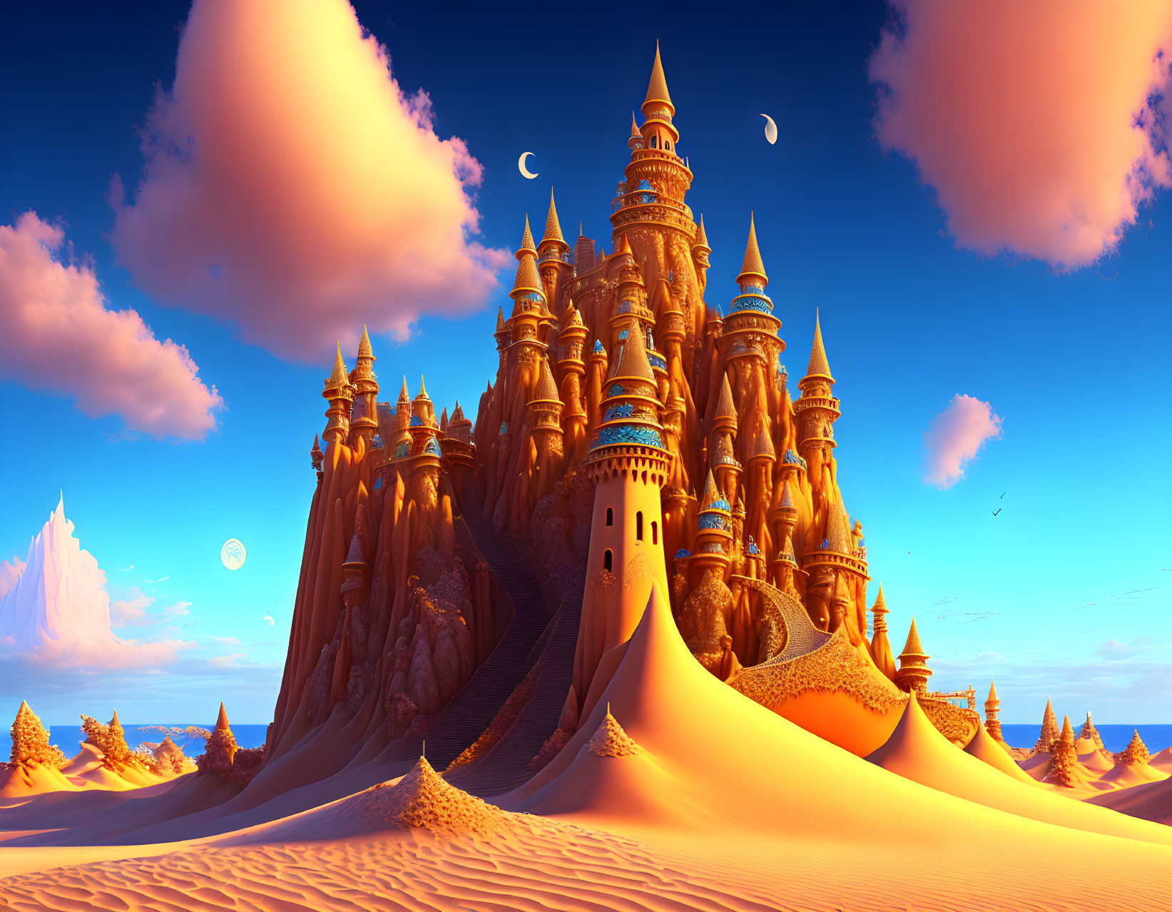 Fantastical castle with multiple spires on sand dunes under a sky with clouds and two moons