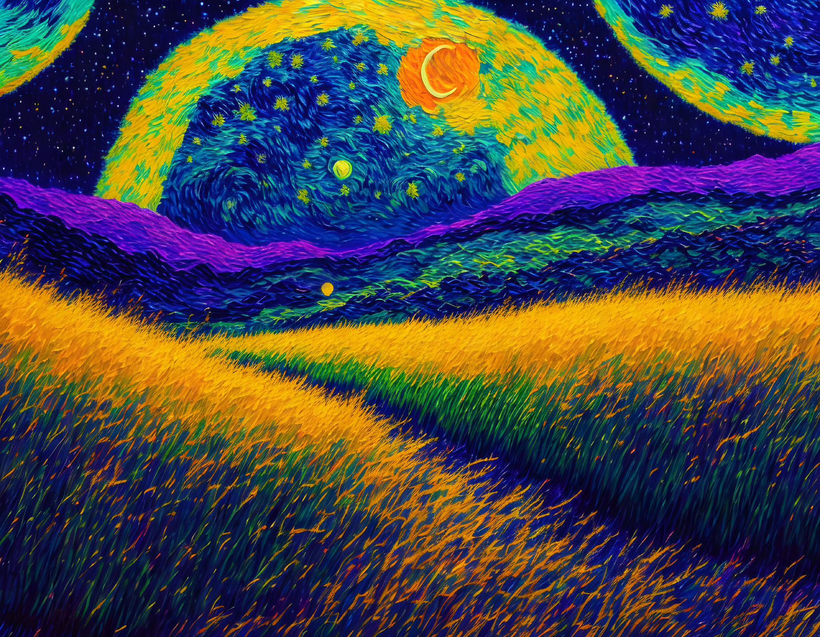 Vivid Van Gogh-inspired painting of golden fields under a starry night sky