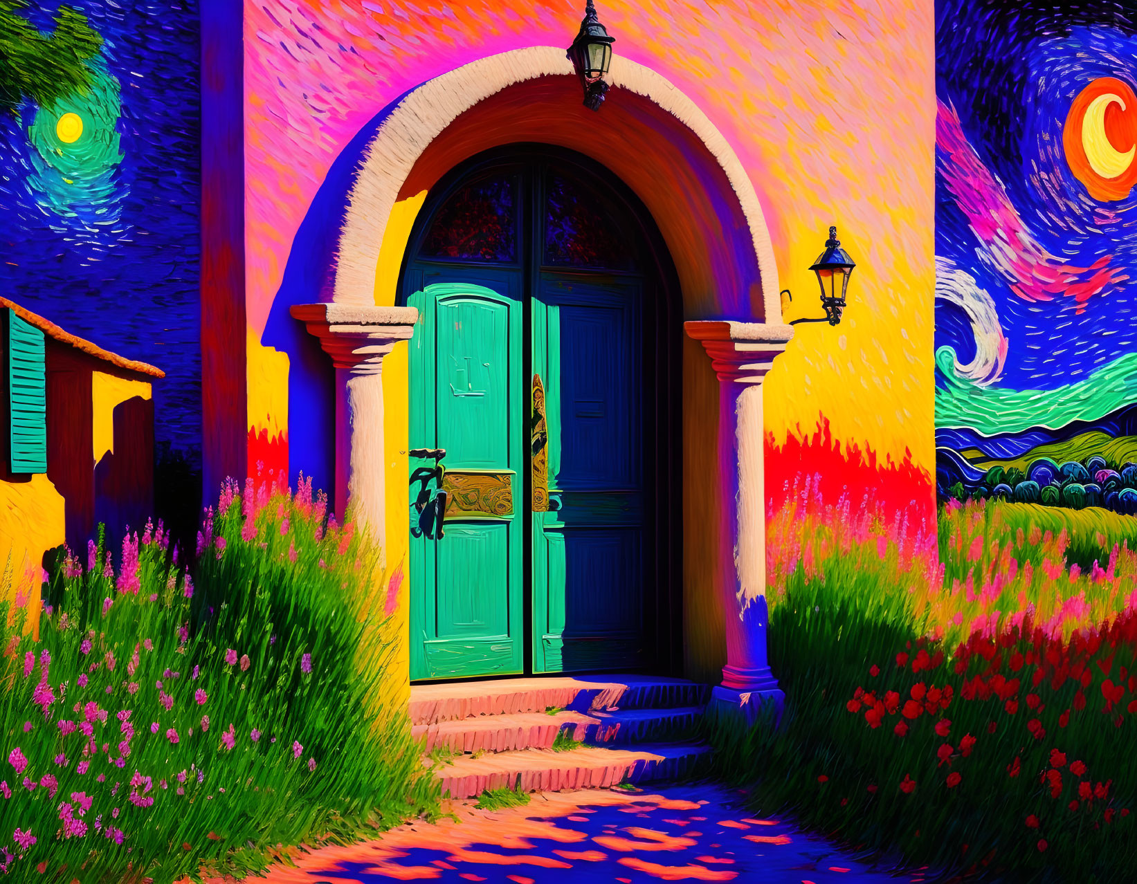 Colorful Van Gogh style painting: Vibrant house, teal door, lush nature, swirling sky