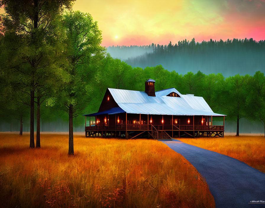 Scenic cabin with lit porch in field at dusk