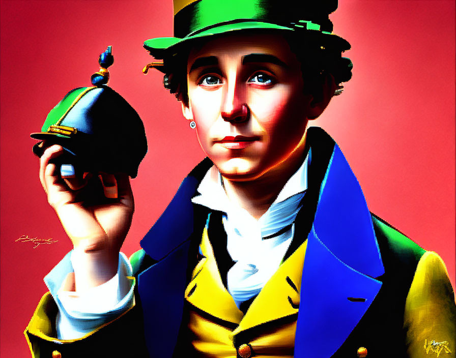 Vibrant digital portrait: young man in 19th-century attire with blue coat, yellow vest