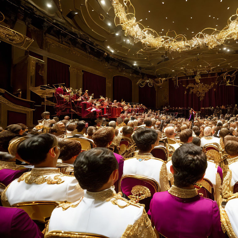 Formal audience watches orchestra in opulent theater.