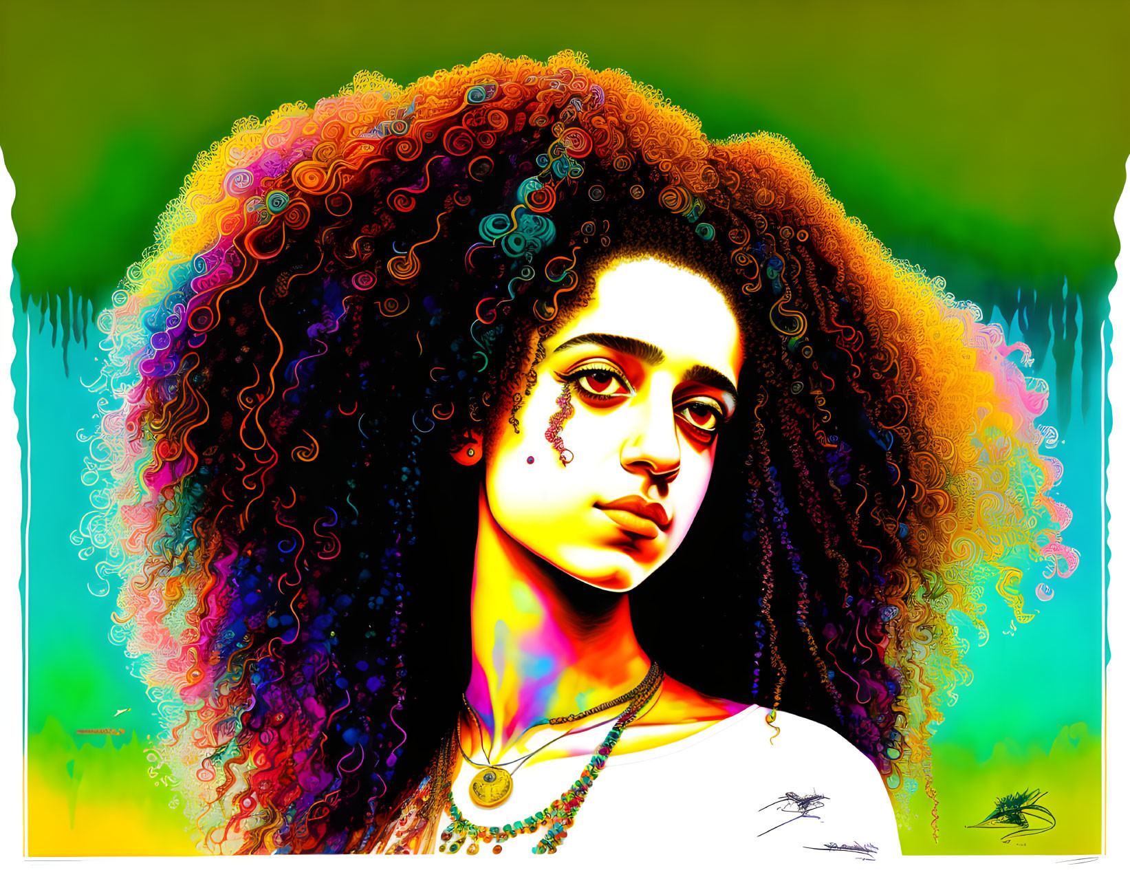 Colorful digital artwork: Woman with curly hair on psychedelic background