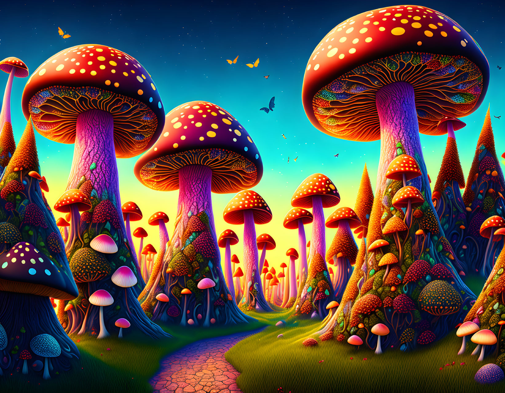 Colorful Fantasy Landscape with Oversized Mushrooms and Butterflies