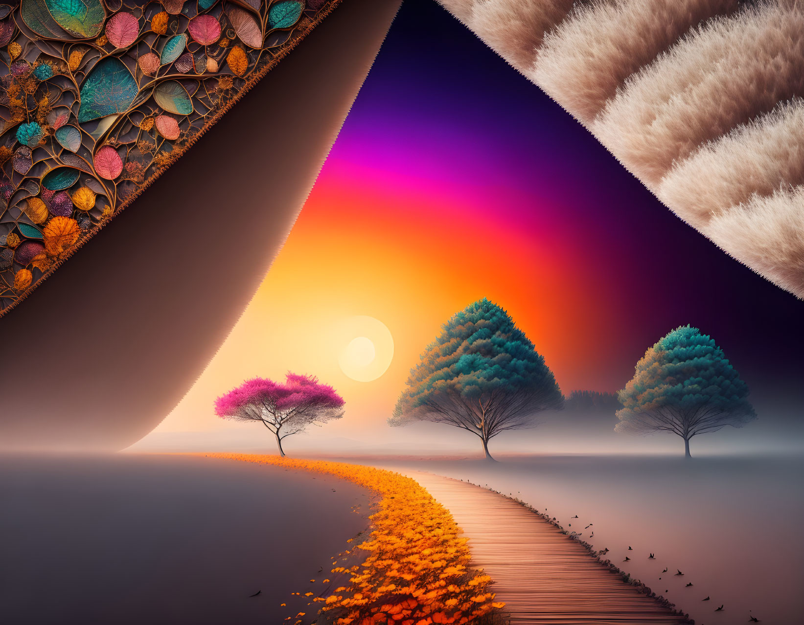 Vibrant surreal landscape with colorful trees and gradient moon