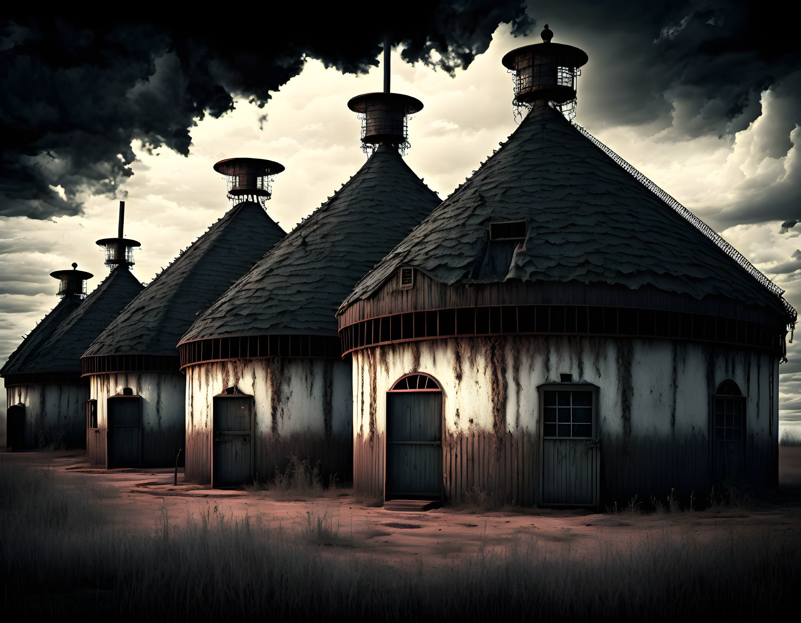 Rustic round huts with conical roofs under dramatic cloudy sky