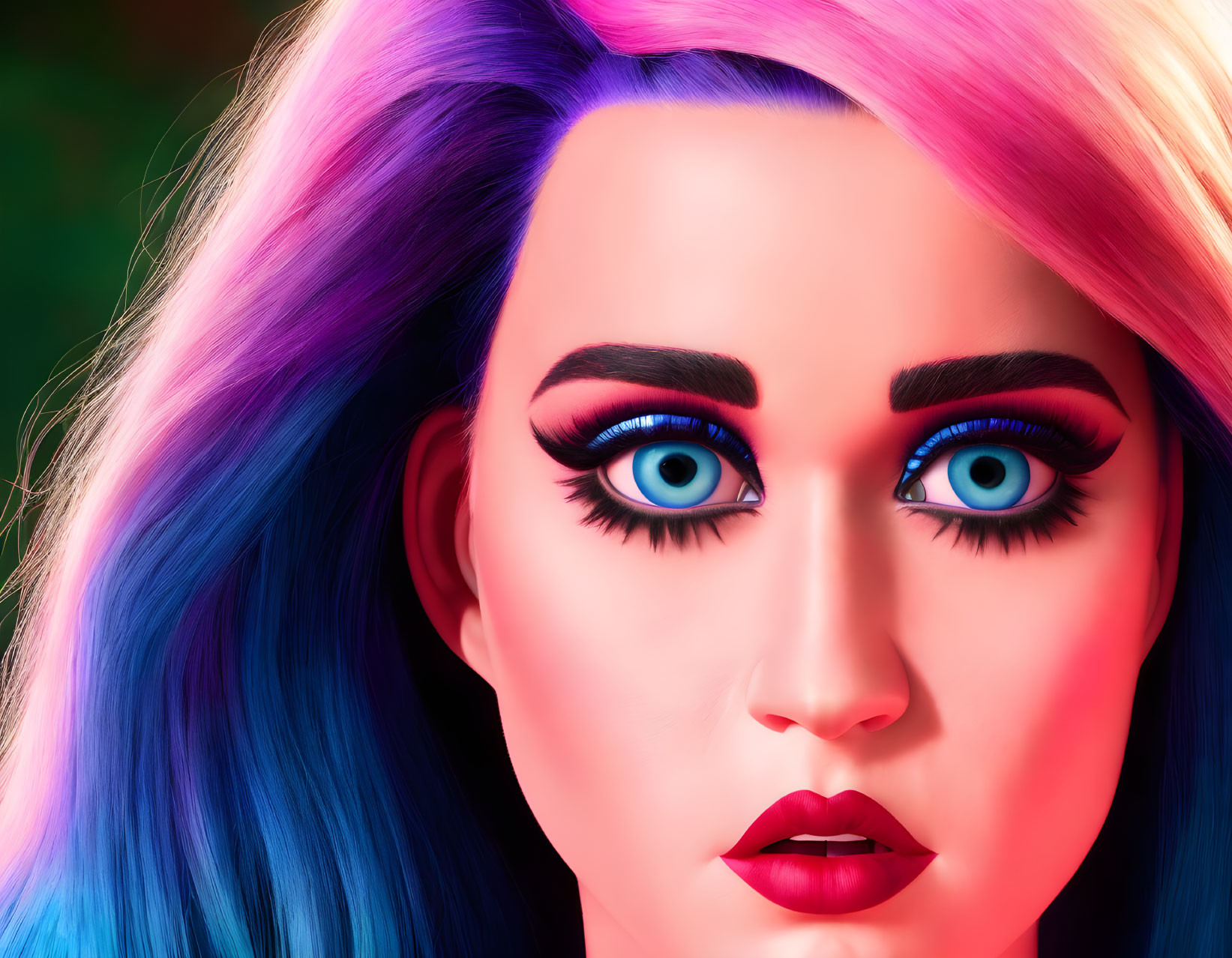 Vibrant digital artwork: woman with blue and purple hair, blue eyes, pink lipstick.