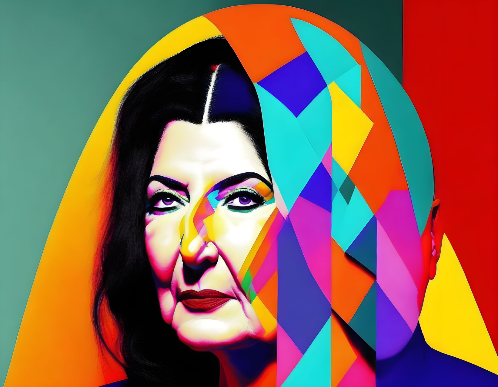 Colorful Geometric Art: Woman's Face with Sharp Contrasts