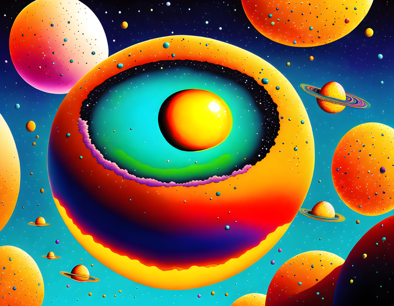 Colorful layered planet with large eye and celestial bodies on starry sky