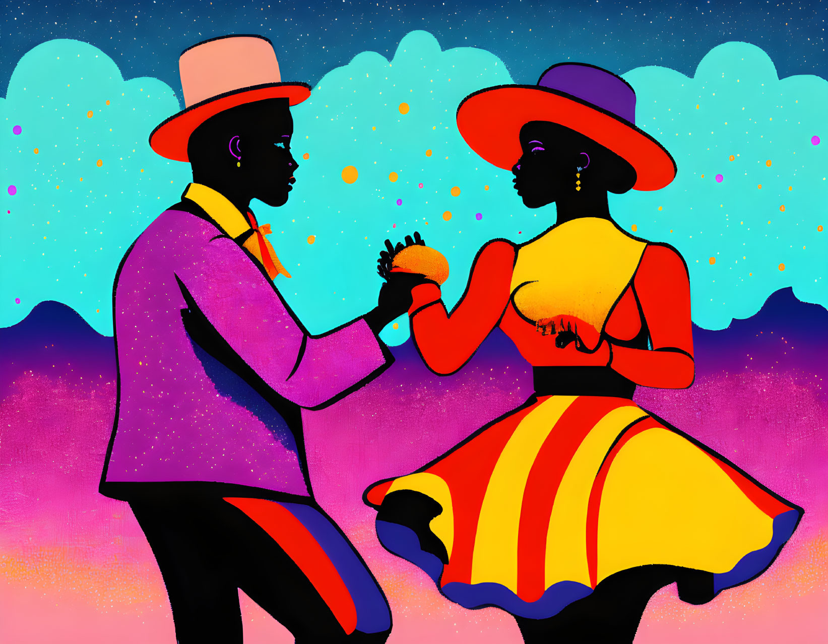 Colorful illustration: Man giving flower to woman under starry sky