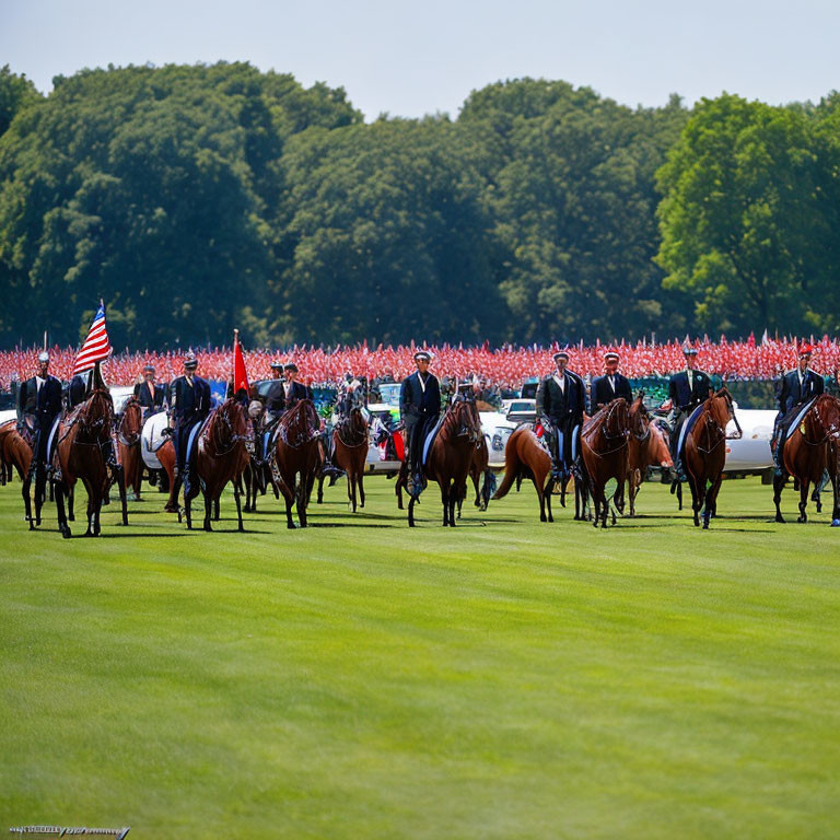 Horseback riders with flags lead event on lush green field