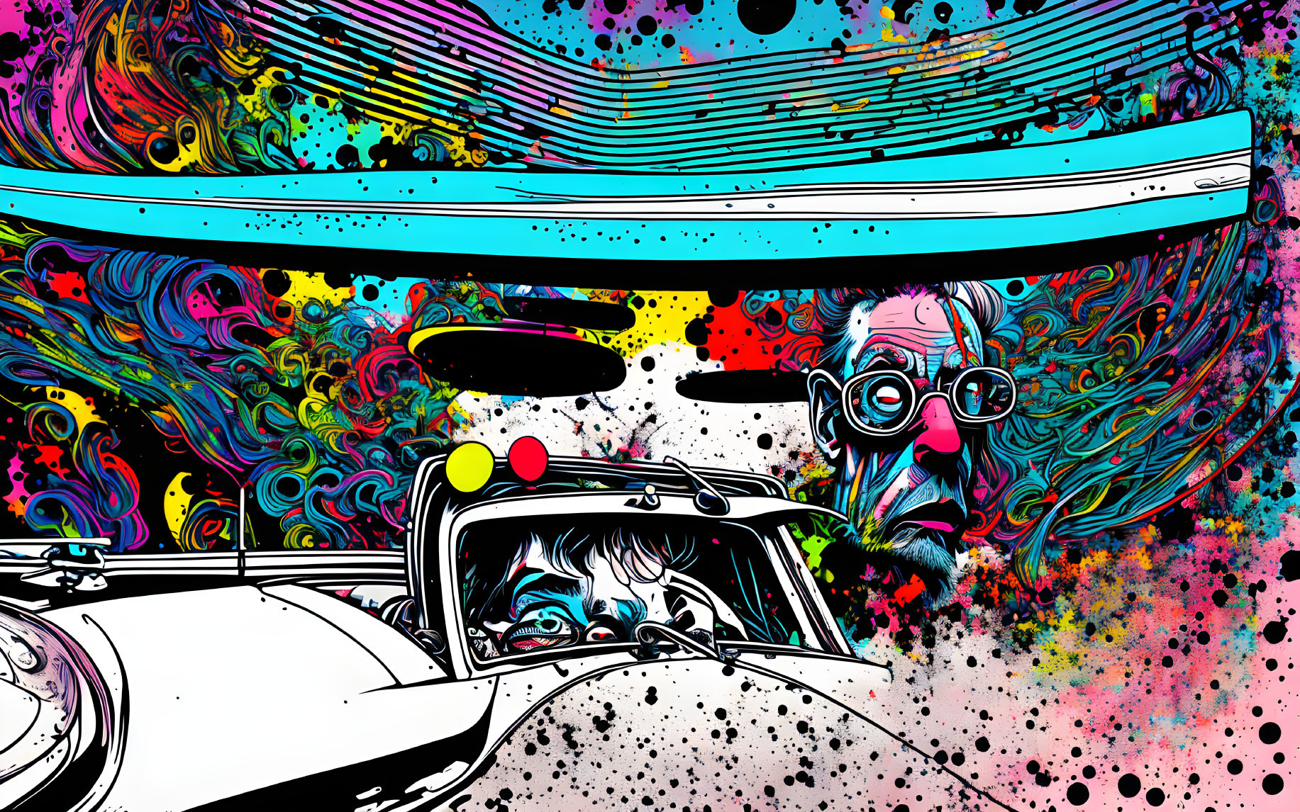 Colorful Psychedelic Car Illustration with Person and Character