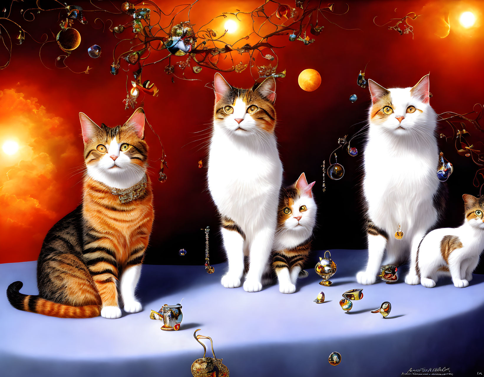 Four cats with festive collars in front of whimsical backdrop.