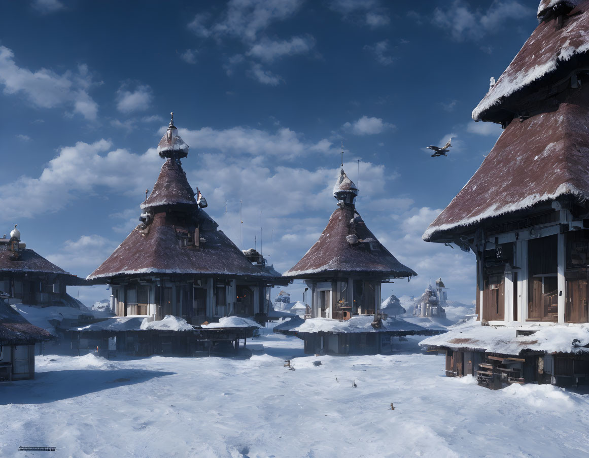 Traditional snow-covered village with pointed roofs and flying birds under blue sky